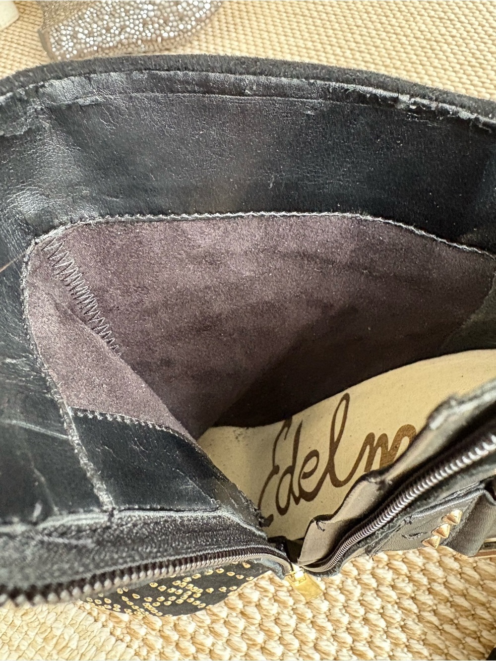 Sam Edelman Black Studded Pointed-Toe Ankle Booties with Gold Accents - Picture 10 of 11